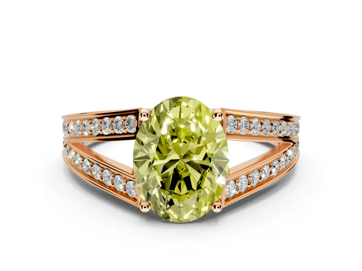 Split Shank Engagement Ring Setting for Fancy Yellow Oval Center with Pave Split Shank and Prong Head in Rose Gold