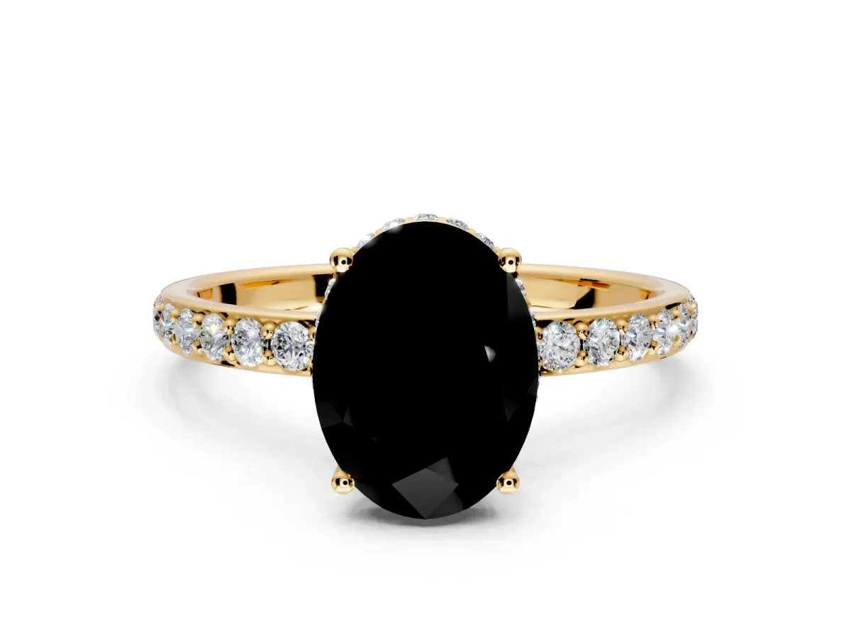 Hidden Halo Engagement Ring Setting for Fancy Black Oval Center with Pave Band and Prong Head in Yellow Gold