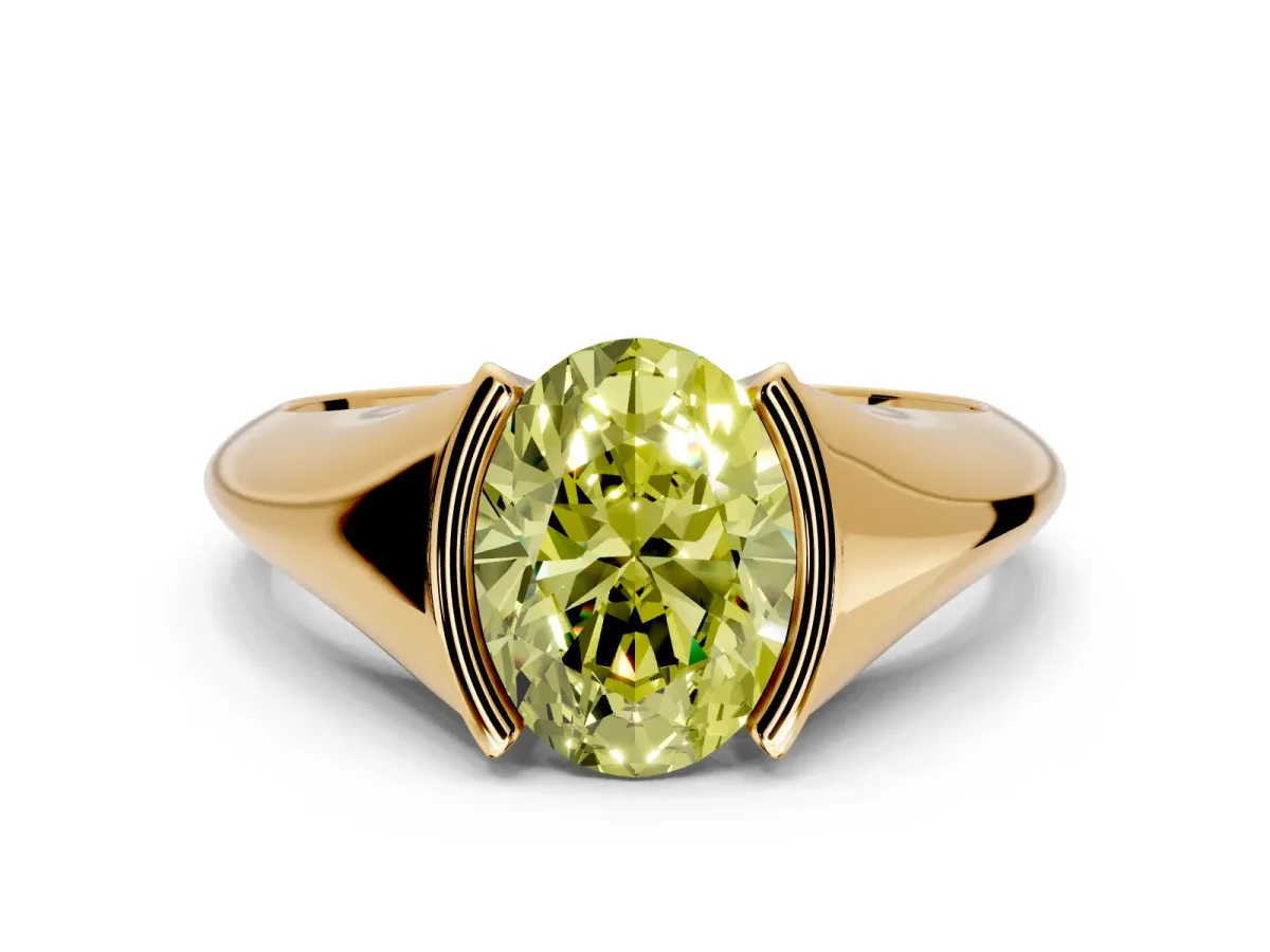Tension Engagement Ring Setting for Fancy Yellow Oval Center with Wide Tapered Band and Tension Head in Yellow Gold