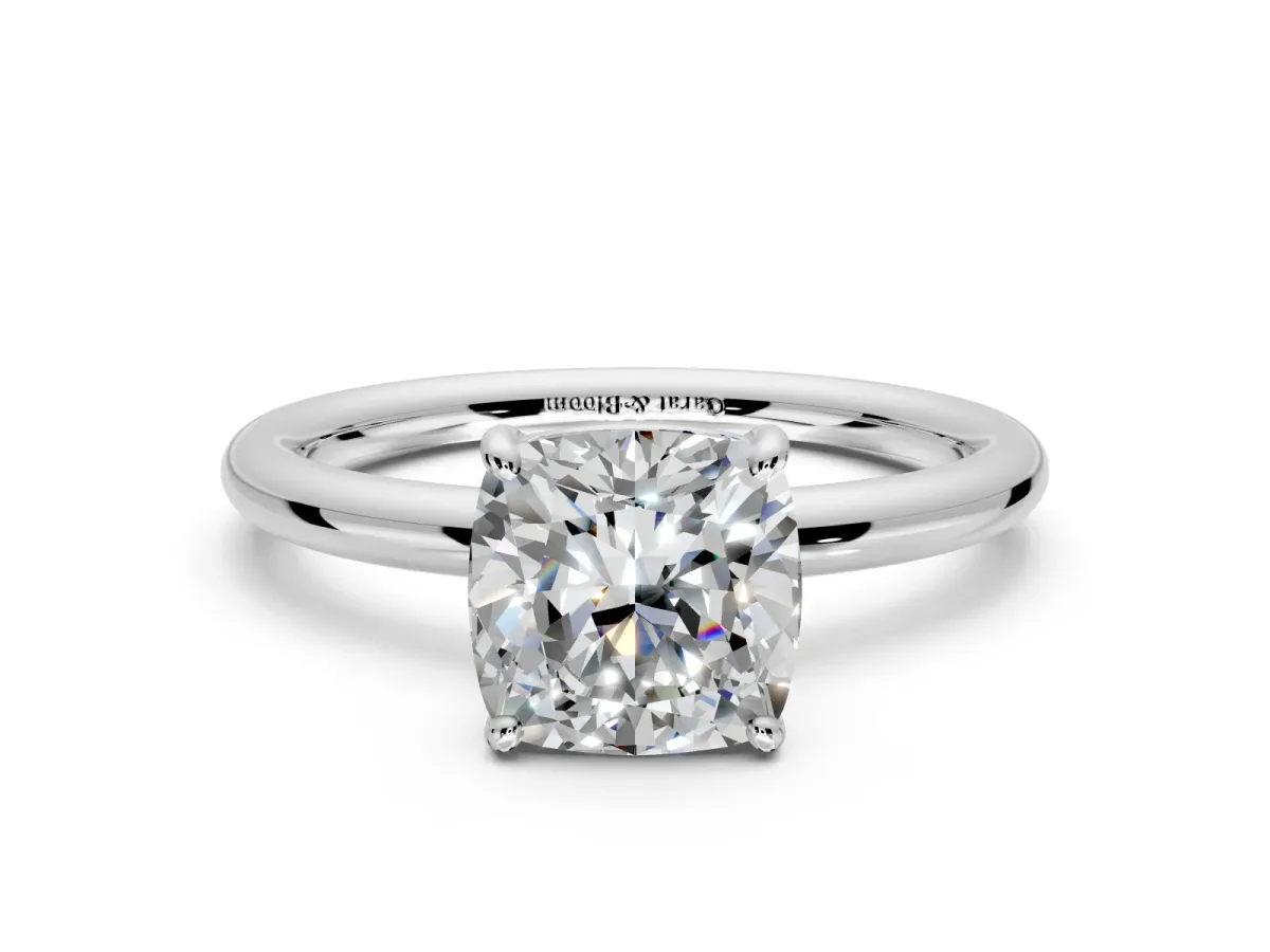 Low-Set Solitaire Engagement Ring Setting for Cushion Cut Center with Thin Plain Band and Prong Head in White Gold