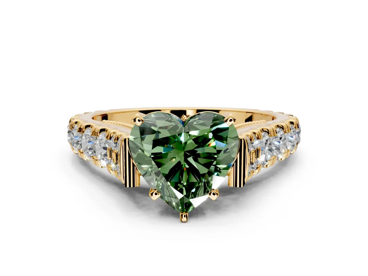 Solitaire Engagement Ring Setting for Fancy Green Heart-Shaped Center with Pave Cathedral Shoulders and Prong Head in Yellow Gold