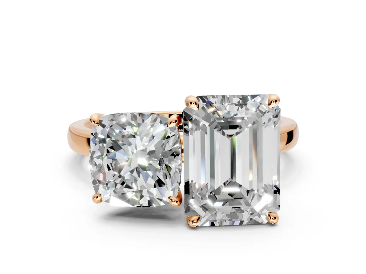 Cushion Cut and Emerald Cut Lab-Grown Diamond Toi et Moi Engagement Ring with Prong-Set Stones in Rose Gold