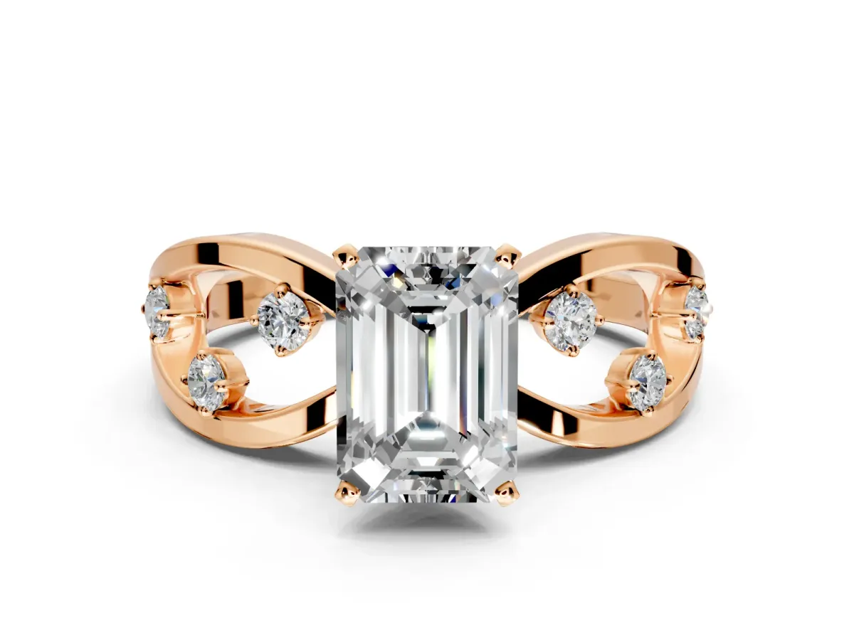 Solitaire Engagement Ring Setting for Emerald Cut Center with Criss-Cross Accent Band and Prong Head in Rose Gold