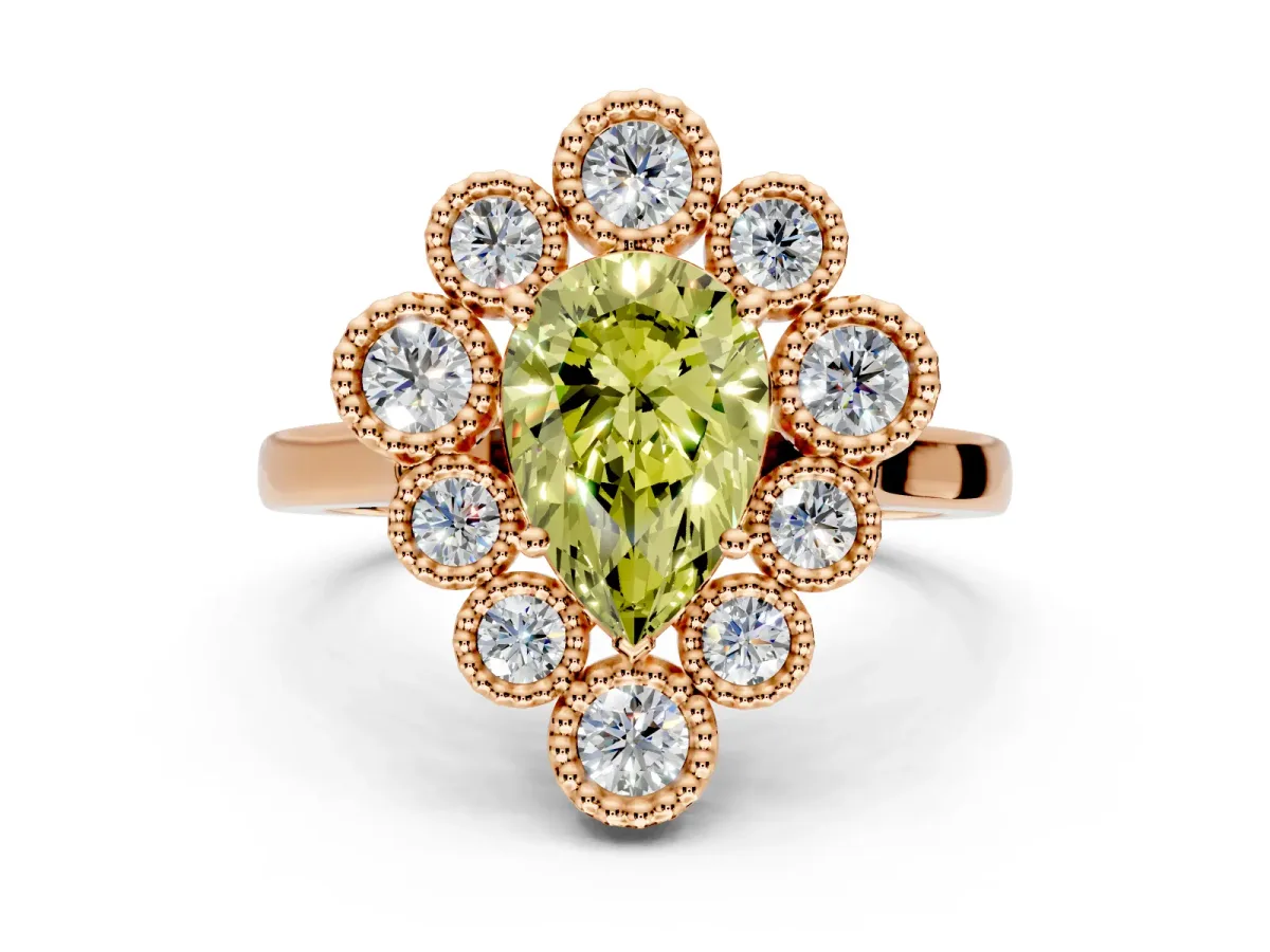 Cluster Halo Engagement Ring Setting for Fancy Yellow Pear-Shaped Center with Milgrain Bezel Accents and Prong Head in Rose Gold