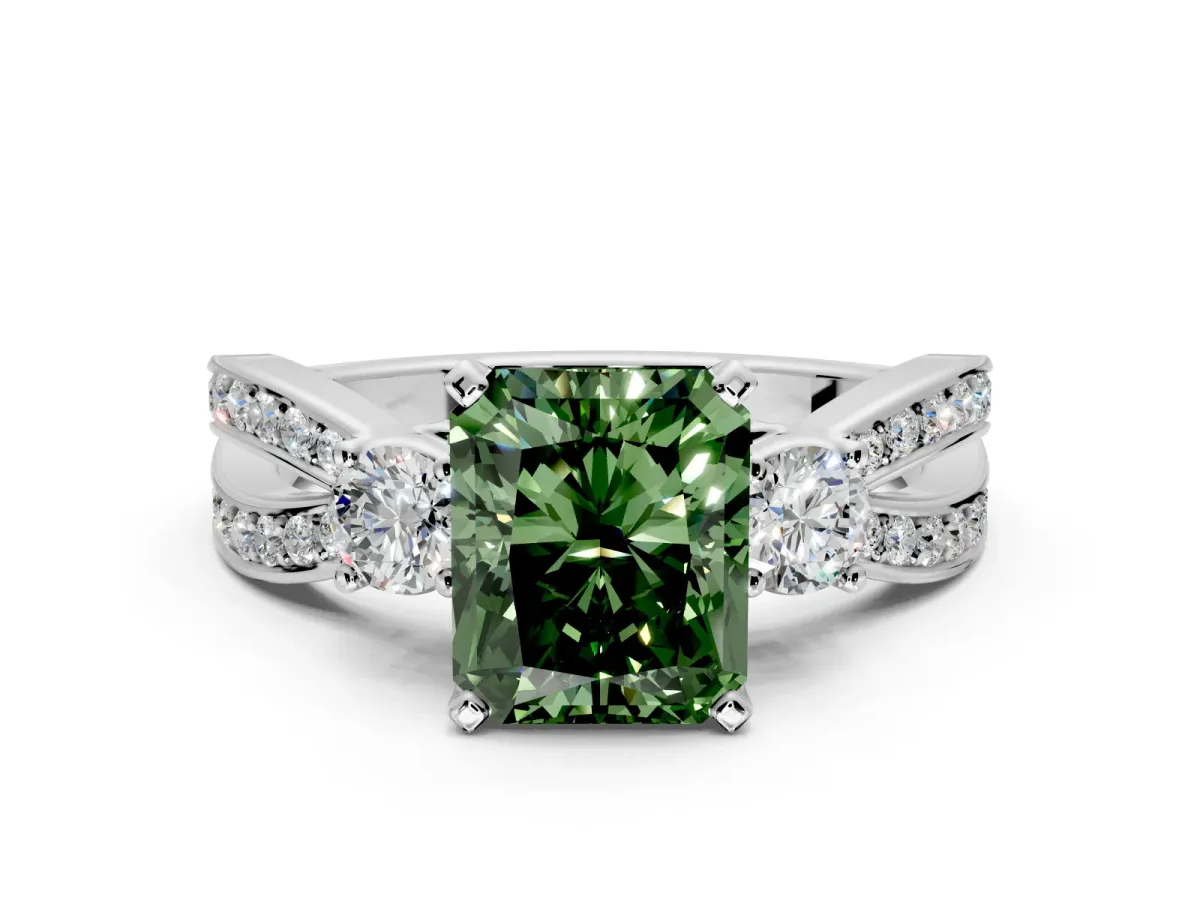 3 Stone Engagement Ring Setting for Fancy Green Radiant Cut Center with Pave Twist Band and Prong Head in Platinum
