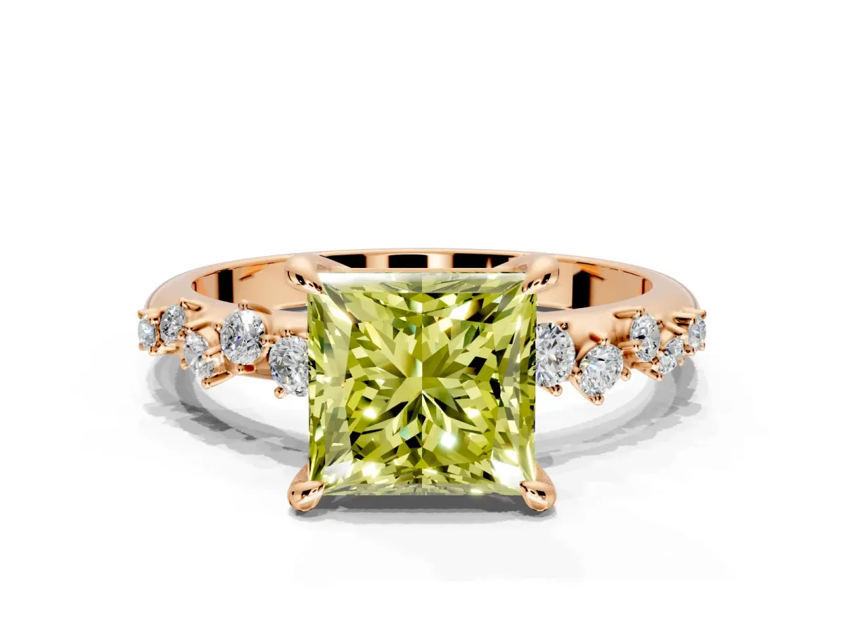 Solitaire Engagement Ring Setting for Fancy Yellow Princess Cut Center with Trailing Leaf Accent Band and Prong Head in Rose Gold