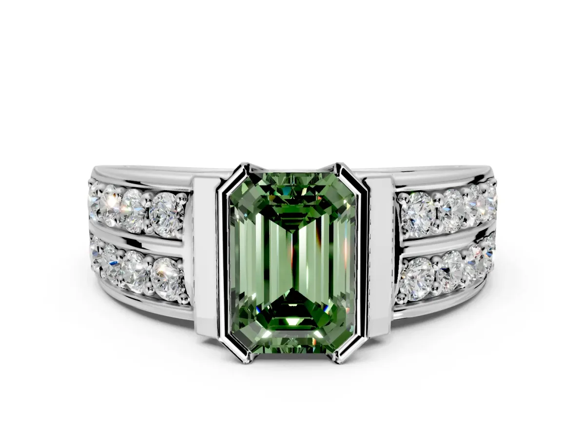 Bezel Engagement Ring Setting for Fancy Green Emerald Cut Center with Wide Channel-Set Band and Bezel Head in Platinum