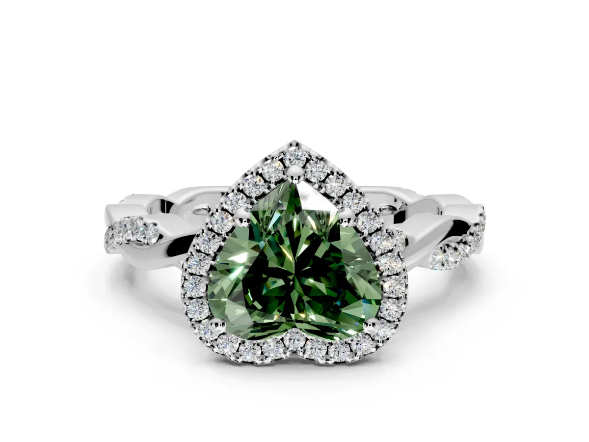 Halo Engagement Ring Setting for Fancy Green Heart-Shaped Center with Pave and Plain Twist Band and Prong Head in White Gold