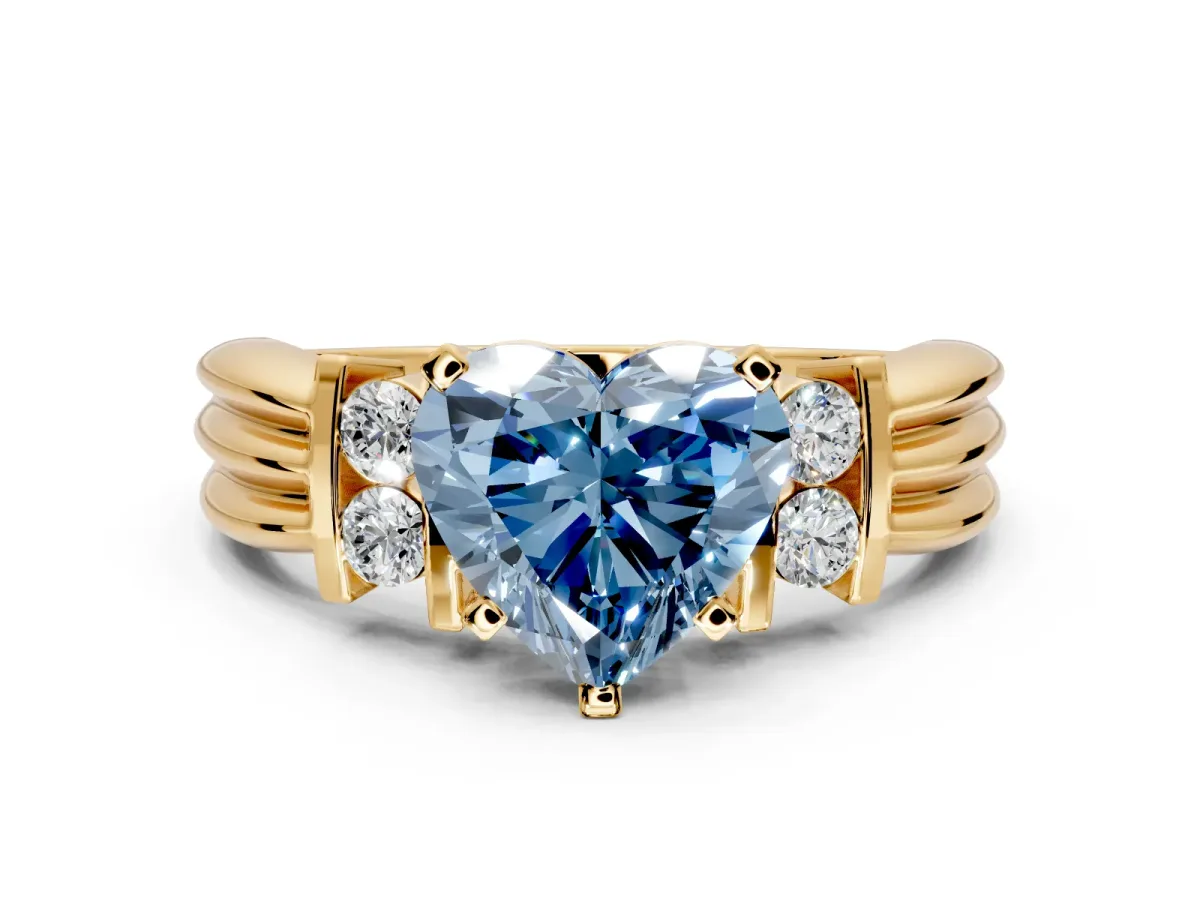 Solitaire Engagement Ring Setting for Fancy Blue Heart-Shaped Center with Grooved Bar Accent Band and Prong Head in Yellow Gold