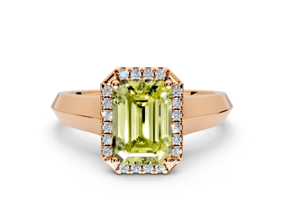 Halo Engagement Ring Setting for Fancy Yellow Emerald Cut Center with Knife Ridge Cathedral Band and Prong Head in Rose Gold