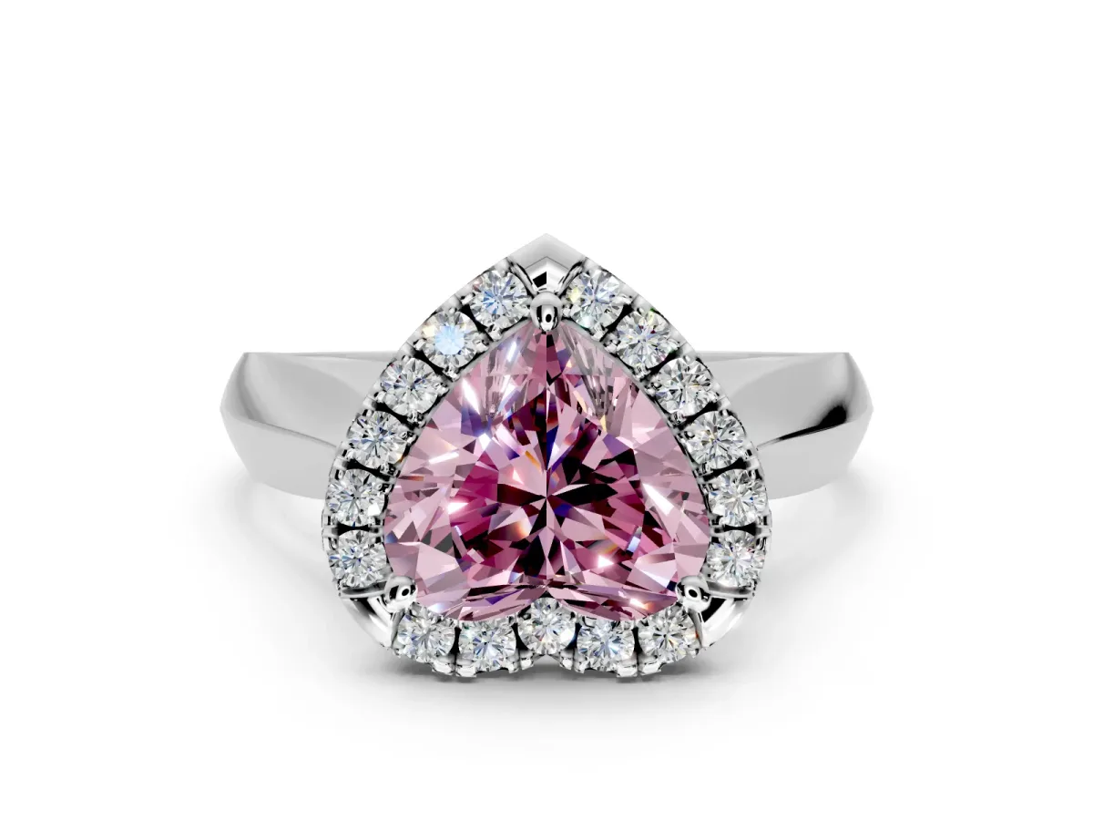 Halo Engagement Ring Setting for Fancy Pink Heart-Shaped Center with Square Band and Prong Head in White Gold