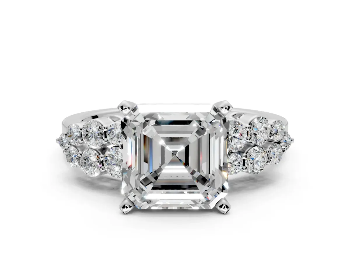 Cluster Engagement Ring Setting for Asscher Cut Center with 2-Row Shoulder Clusters and Prong Head in Sterling Silver