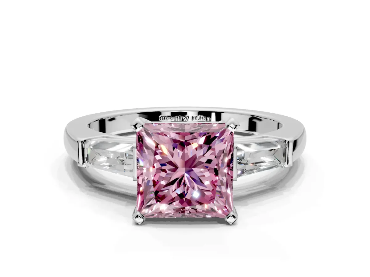 3 Stone Engagement Ring Setting for Fancy Pink Princess Cut Center with Tapered Baguettes, Plain Band and Prong Head in White Gold