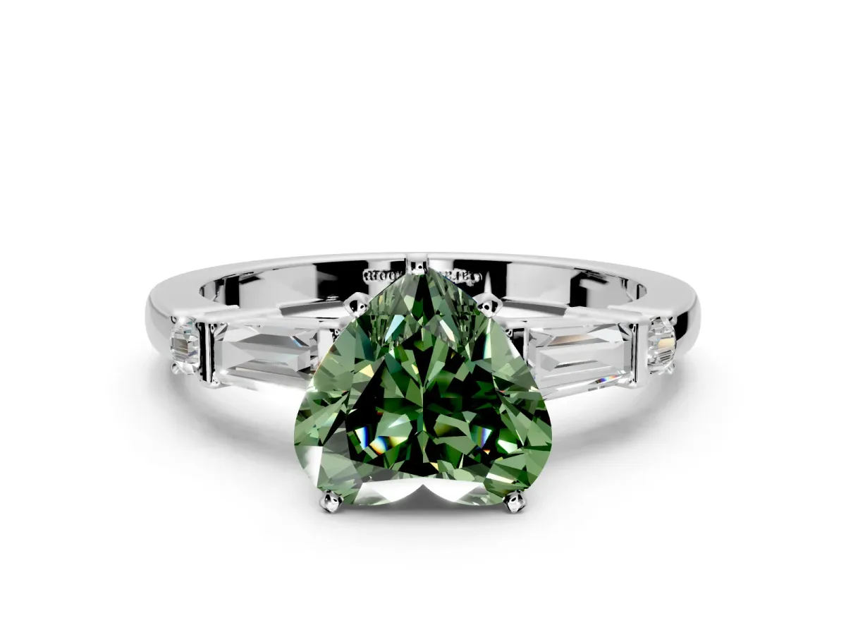 Bar-Set Engagement Ring Setting for Fancy Green Heart-Shaped Center with Tapered Baguette Accents and Prong Head in Platinum