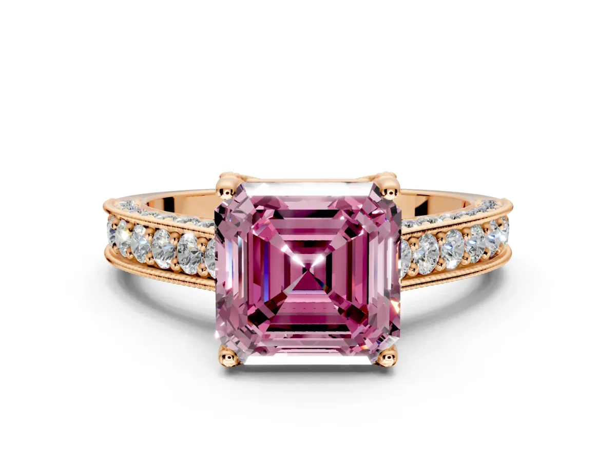 Solitaire Engagement Ring Setting for Fancy Pink Asscher Cut Center with Milgrain-Framed Pave Band and Prong Head in Rose Gold