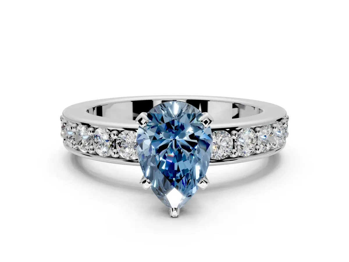 Solitaire Engagement Ring Setting for Fancy Blue Pear-Shaped Center with Channel-Set Accents and Prong Head in White Gold
