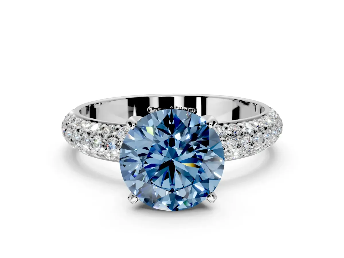 Solitaire Engagement Ring Setting for Fancy Blue Round Cut Center with Domed Multi-Row Pave Band and Prong Head in Sterling Silver