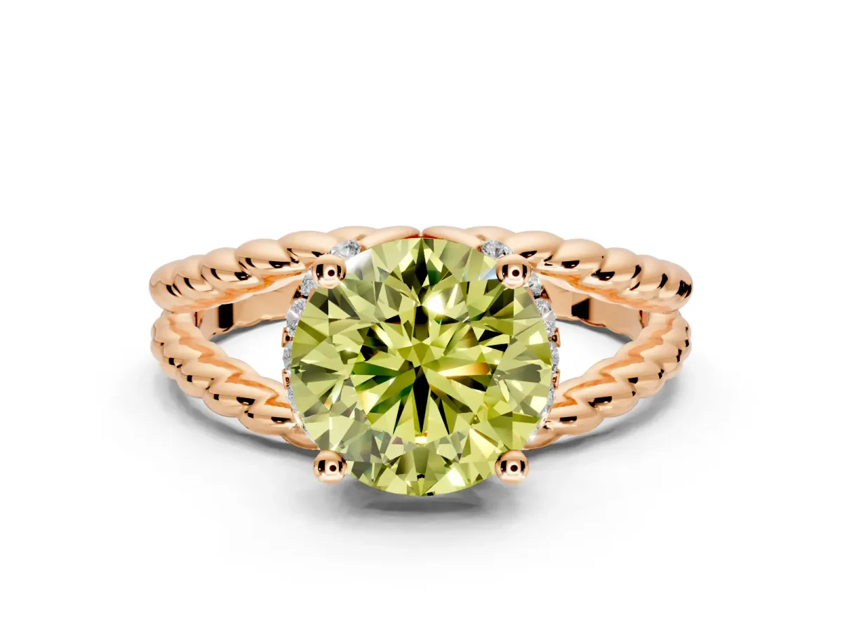 Halo Engagement Ring Setting for Fancy Yellow Round Cut Center with Rope Twist Split Shank and Prong Head in Rose Gold