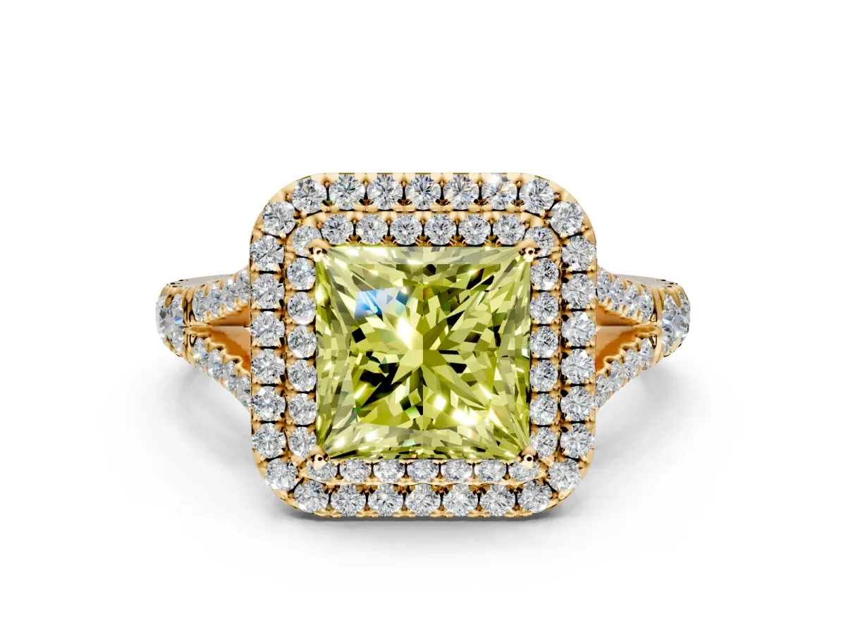 Double Halo Engagement Ring Setting for Fancy Yellow Princess Cut Center with Narrow Pave Split Shank and Prong Head in Yellow Gold
