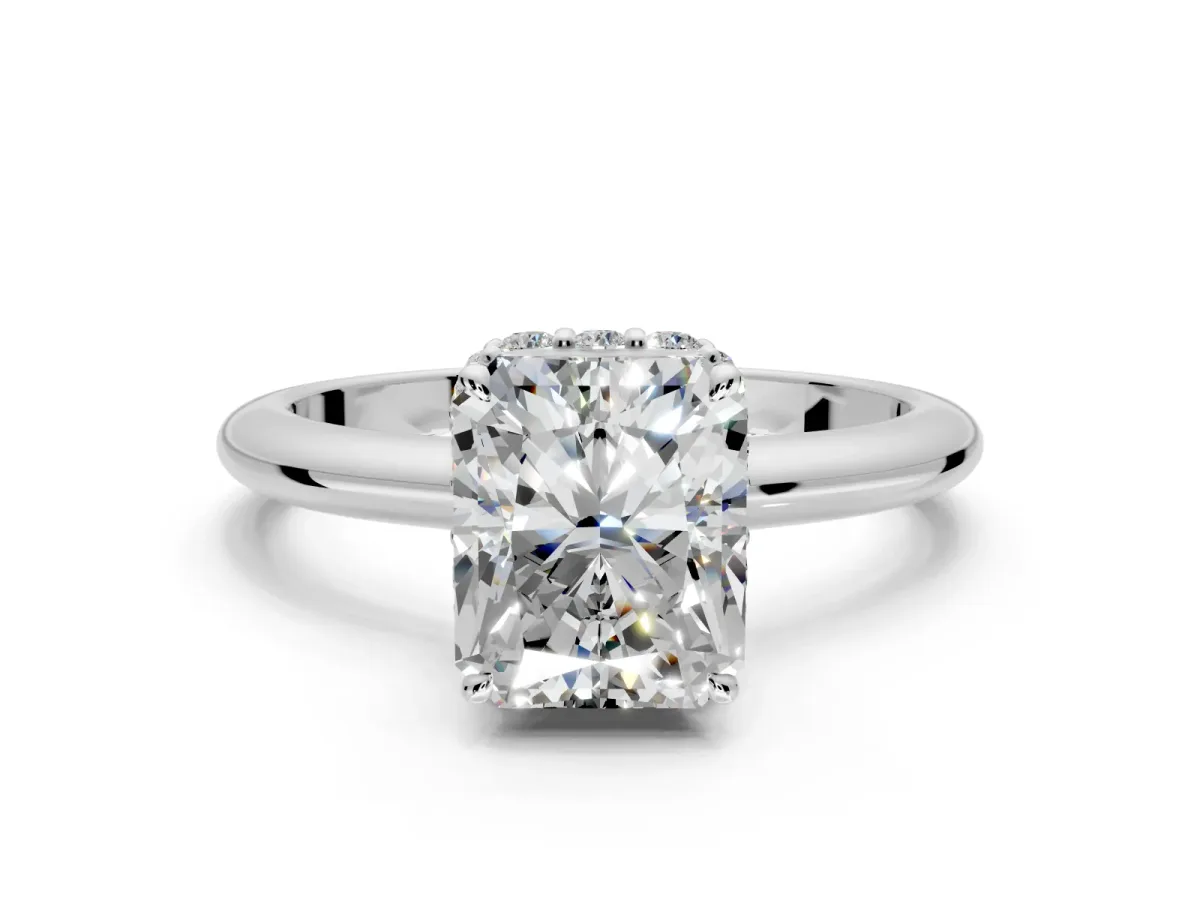 Hidden Halo Engagement Ring Setting for Radiant Cut Center with Plain Rounded Band and Prong Head in Platinum