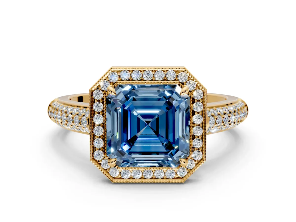 Milgrain Halo Engagement Ring Setting for Fancy Blue Asscher Cut Center with Three-Sided Pave Band and Prong Head in Yellow Gold