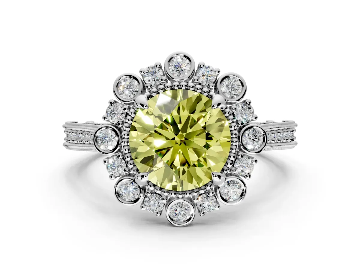 Milgrain Halo Engagement Ring Setting for Fancy Yellow Round Cut Center with Bezel Point Accents and Prong Head in Sterling Silver