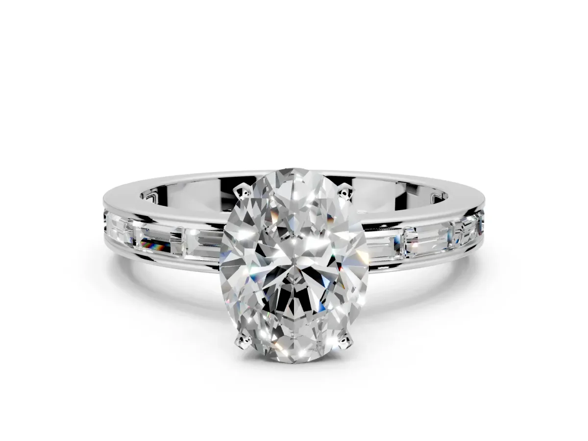Solitaire Engagement Ring Setting for Oval Center with Channel Baguette Band and Prong Head in Sterling Silver