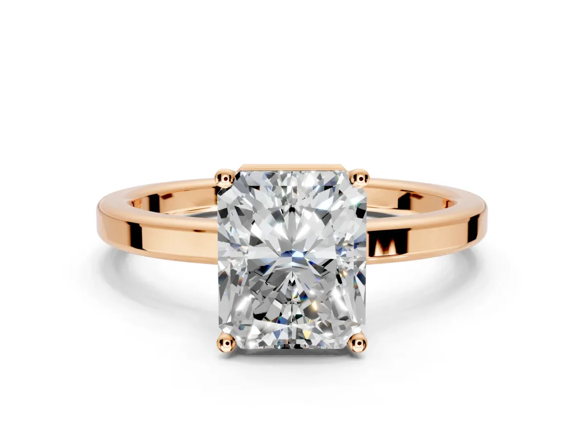Hidden Halo Engagement Ring Setting for Radiant Cut Center with Wide Flat Plain Band and Prong Head in Rose Gold