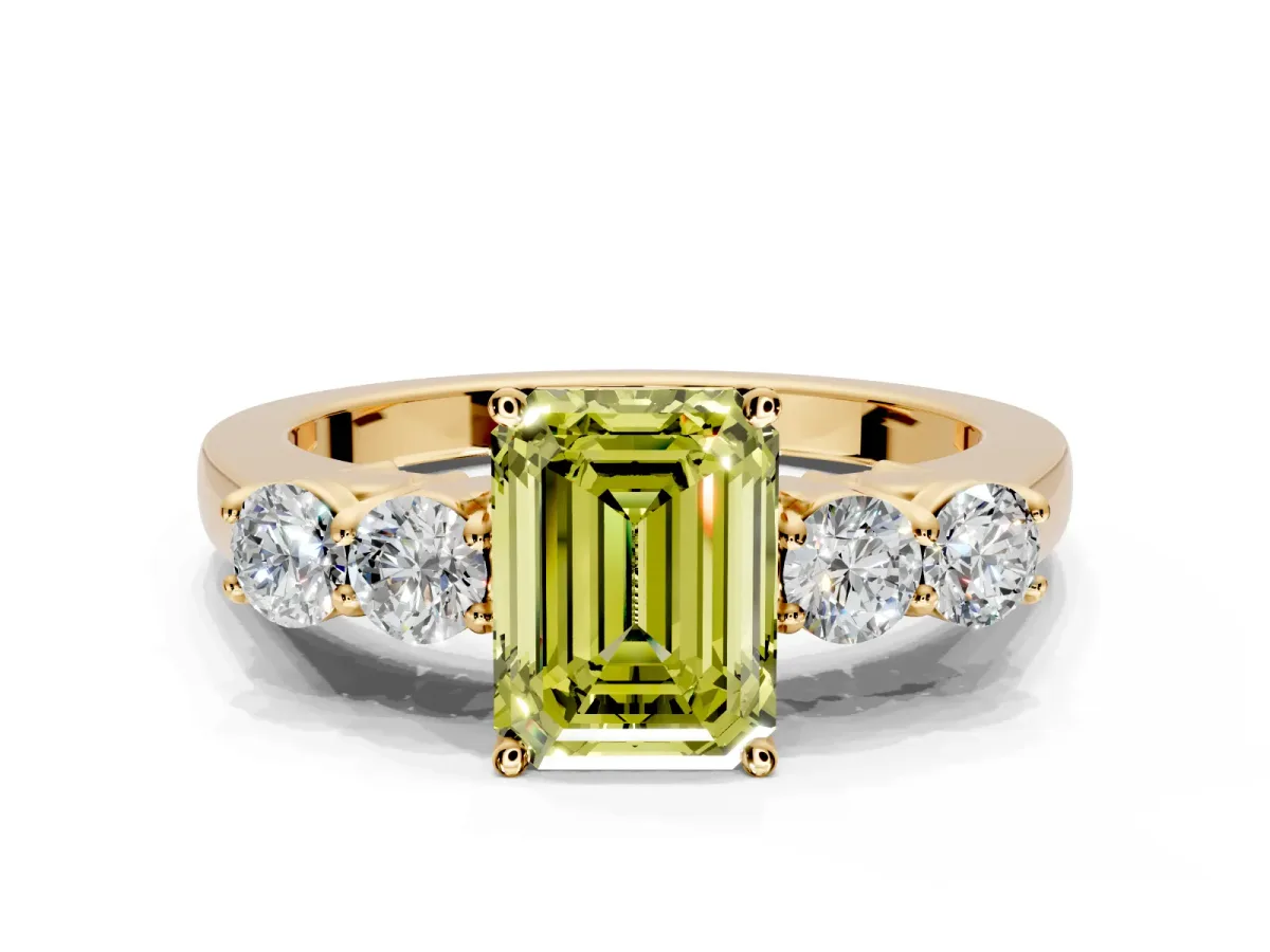 5 Stone Engagement Ring Setting for Fancy Yellow Emerald Cut Center with Equal Close-Set Accents and Prong Head in Yellow Gold