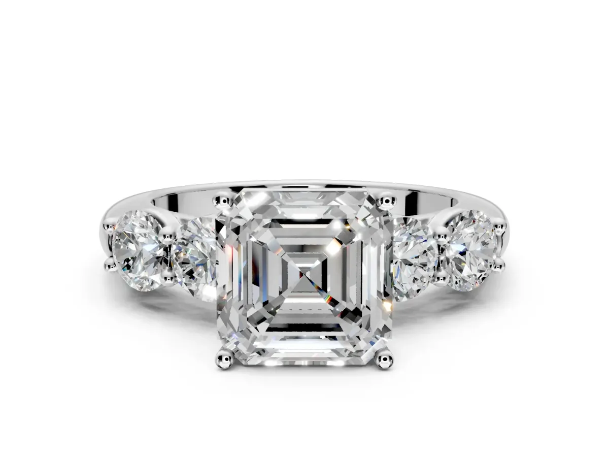 5 Stone Engagement Ring Setting for Asscher Cut Center with Graduated Accents and Prong Head in White Gold