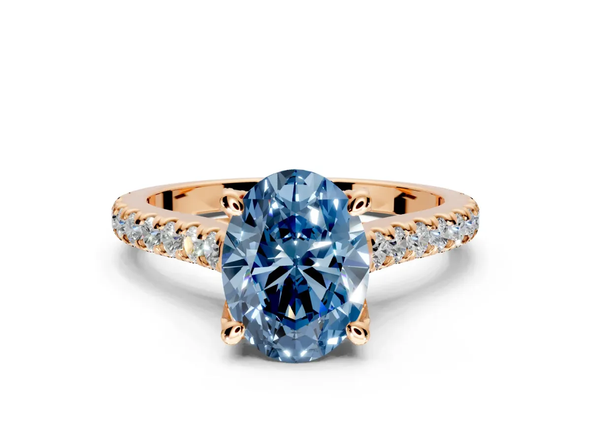 Solitaire Engagement Ring Setting for Fancy Blue Oval Center with Widening Pave Band and Claw Prong Head in Rose Gold
