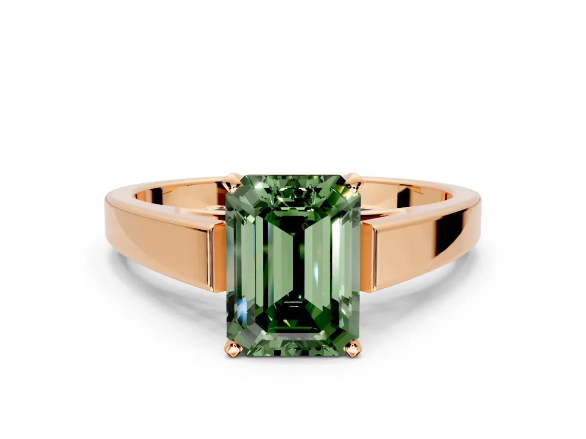Solitaire Engagement Ring Setting for Fancy Green Emerald Cut Center with Tapered Split Shoulders and Prong Head in Rose Gold