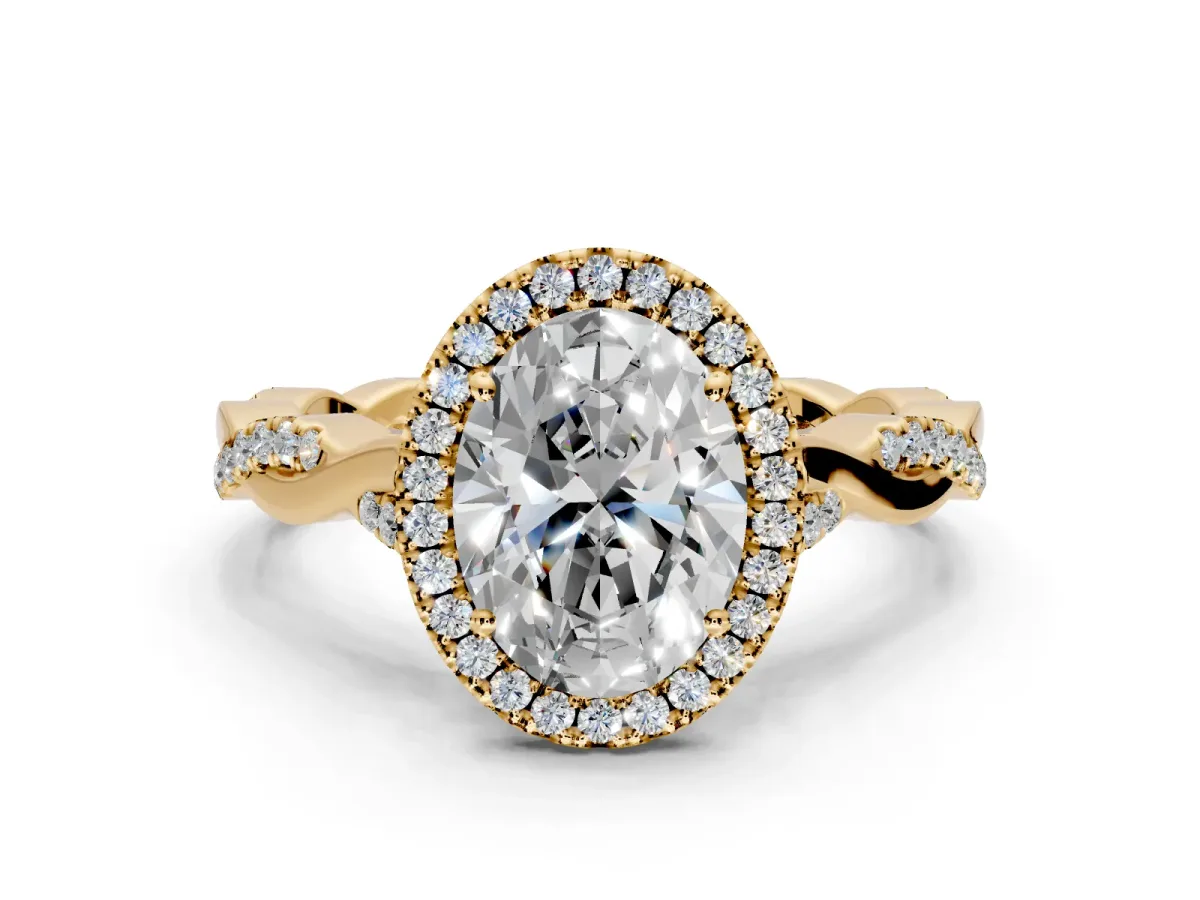 Halo Engagement Ring Setting for Oval Center with Twist Band and Prong Head in Yellow Gold