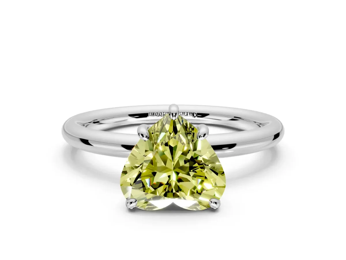 Low-Set Solitaire Engagement Ring Setting for Fancy Yellow Heart-Shaped Center with Thin Plain Band and Prong Head in Platinum