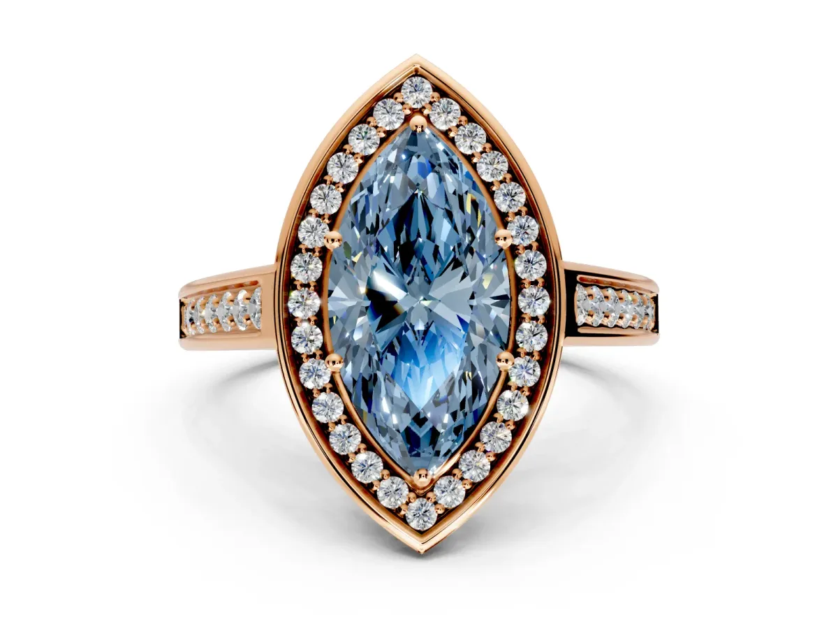 Halo Engagement Ring Setting for Fancy Blue Marquise Center with Outer Bezel Rim, Pave Band and Prong Head in Rose Gold