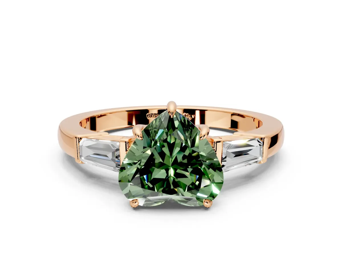 3 Stone Engagement Ring Setting for Fancy Green Heart-Shaped Center with Baguette Accents and Prong Head in Rose Gold