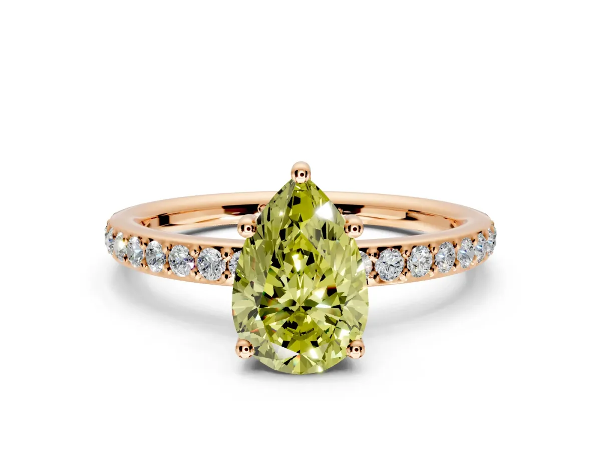 Solitaire Engagement Ring Setting for Fancy Yellow Pear-Shaped Center with Fine Pave Band and Prong Head in Rose Gold