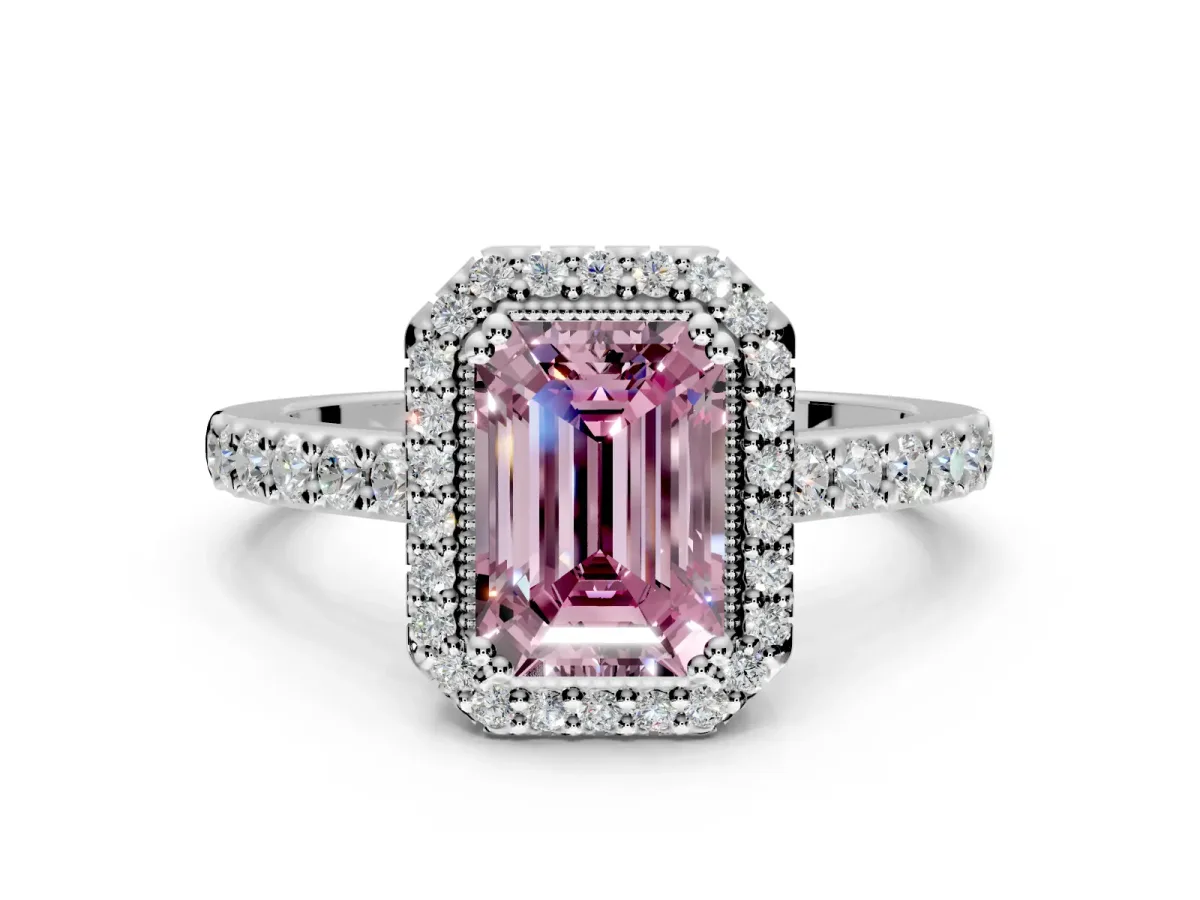 Halo Engagement Ring Setting for Fancy Pink Emerald Cut Center with Inner Milgrain Border and Prong Head in Sterling Silver