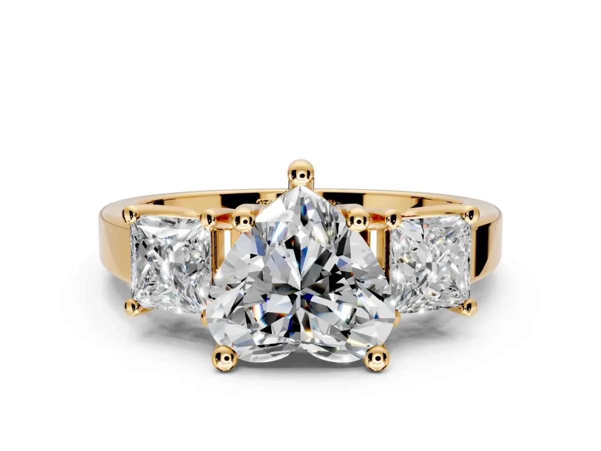 3 Stone Engagement Ring Setting for Heart-Shaped Center with Matching Side Accents and Prong Head in Yellow Gold