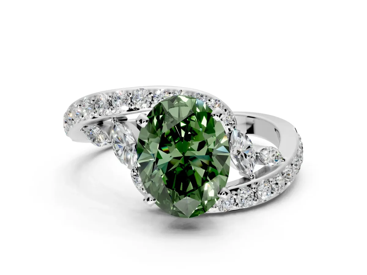 Solitaire Engagement Ring Setting for Fancy Green Oval Center with Pave Bypass Twist Band and Prong Head in Platinum