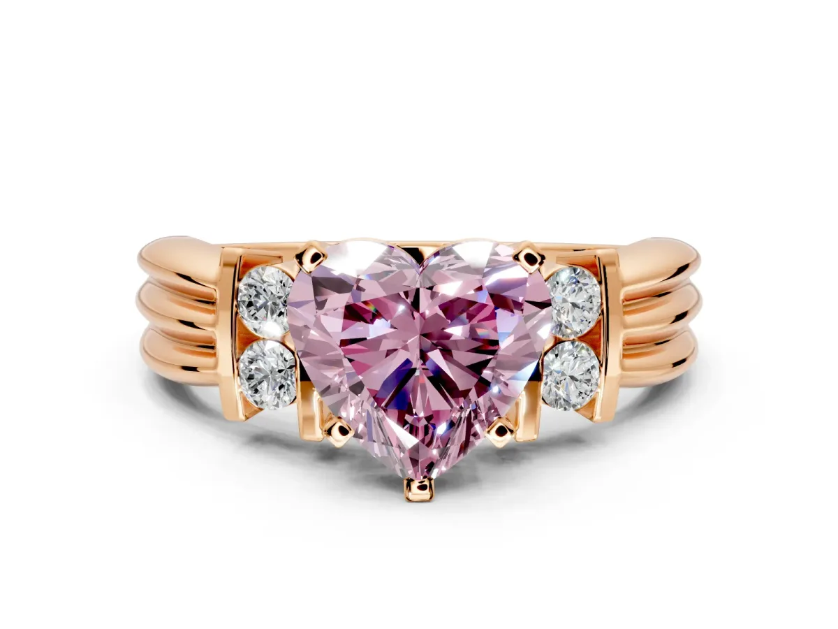 Solitaire Engagement Ring Setting for Fancy Pink Heart-Shaped Center with Grooved Bar Accent Band and Prong Head in Rose Gold