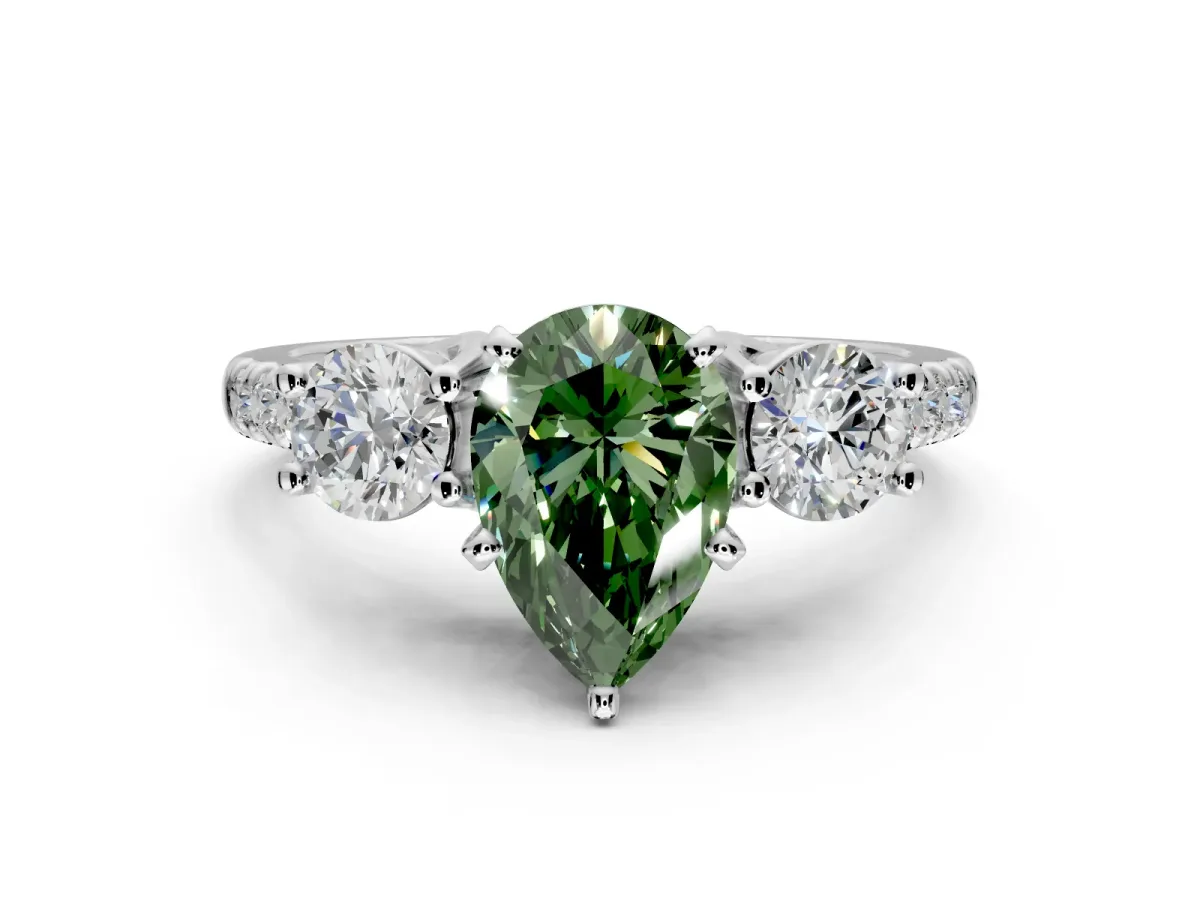 3 Stone Engagement Ring Setting for Fancy Green Pear-Shaped Center with Crossover Basket, Pave Band and Prong Head in Platinum