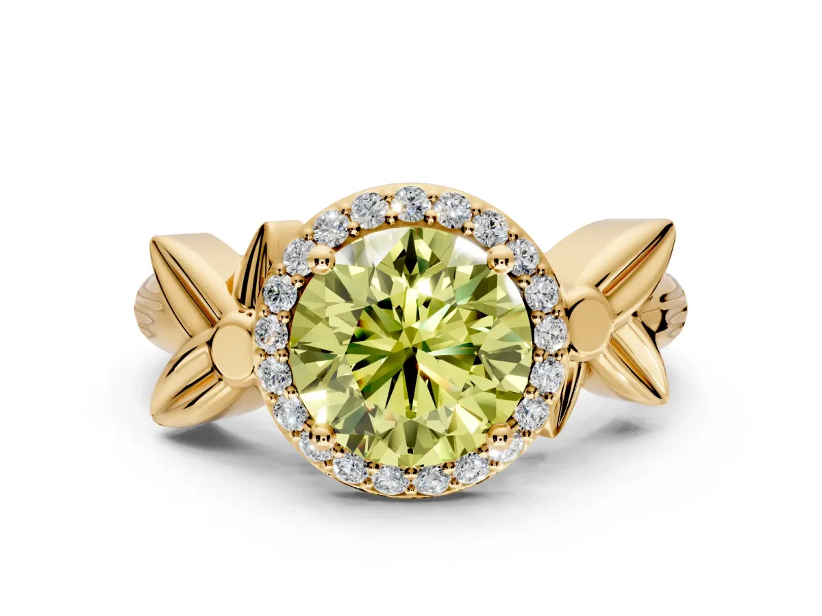 Halo Engagement Ring Setting for Fancy Yellow Round Cut Center with Floral Band and Prong Head in Yellow Gold