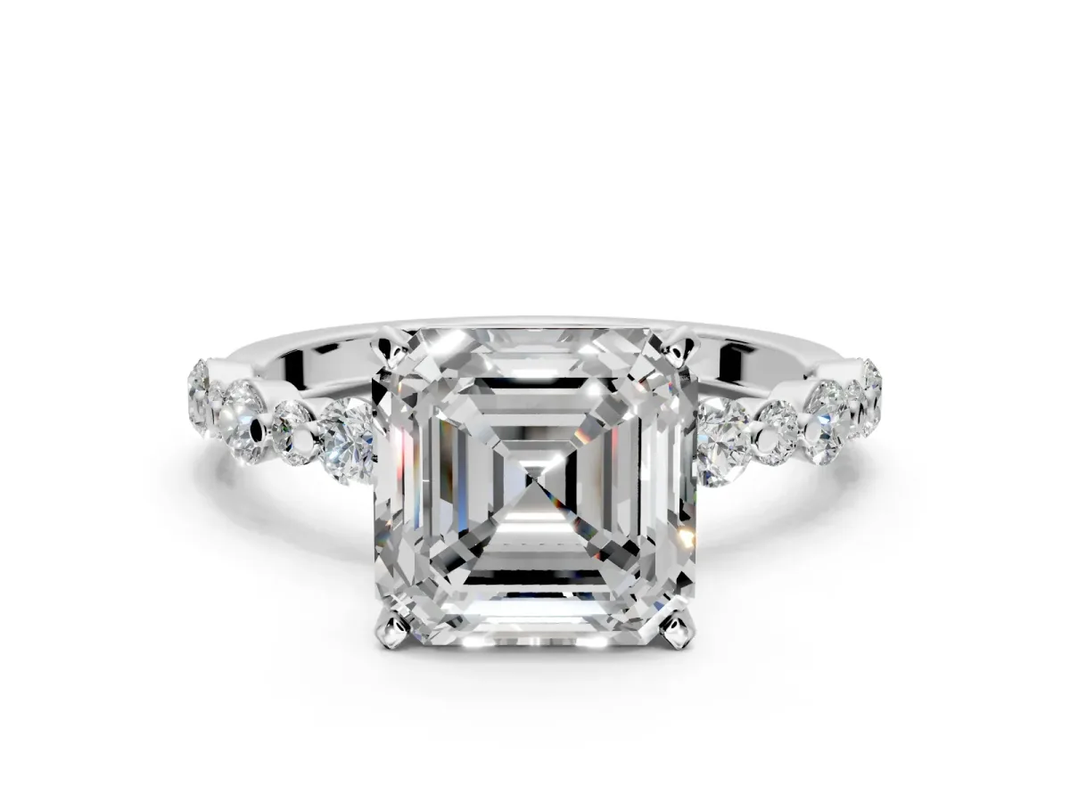 Solitaire Engagement Ring Setting for Asscher Cut Center with Alternating Size Accents and Prong Head in Platinum