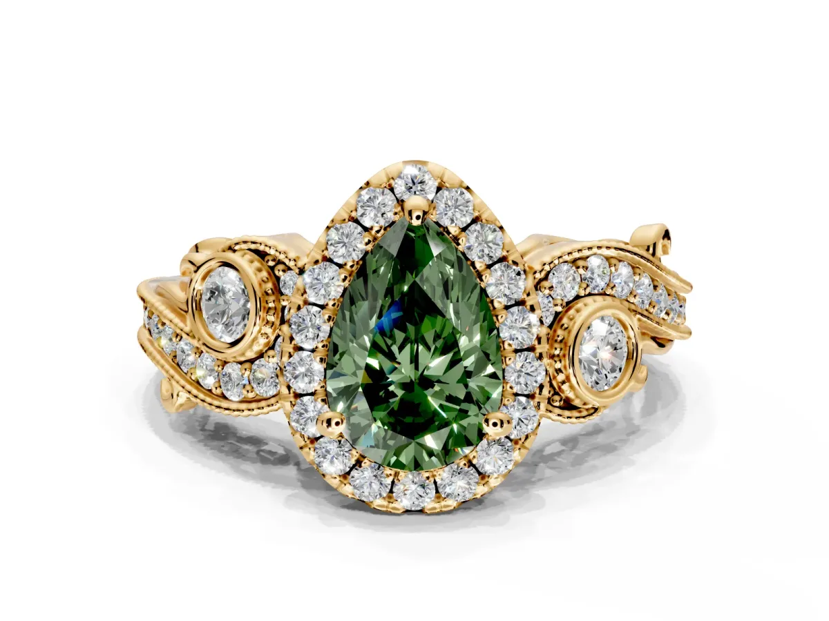 Milgrain Halo Engagement Ring Setting for Fancy Green Pear-Shaped Center with Shoulder Bezels and Prong Head in Yellow Gold