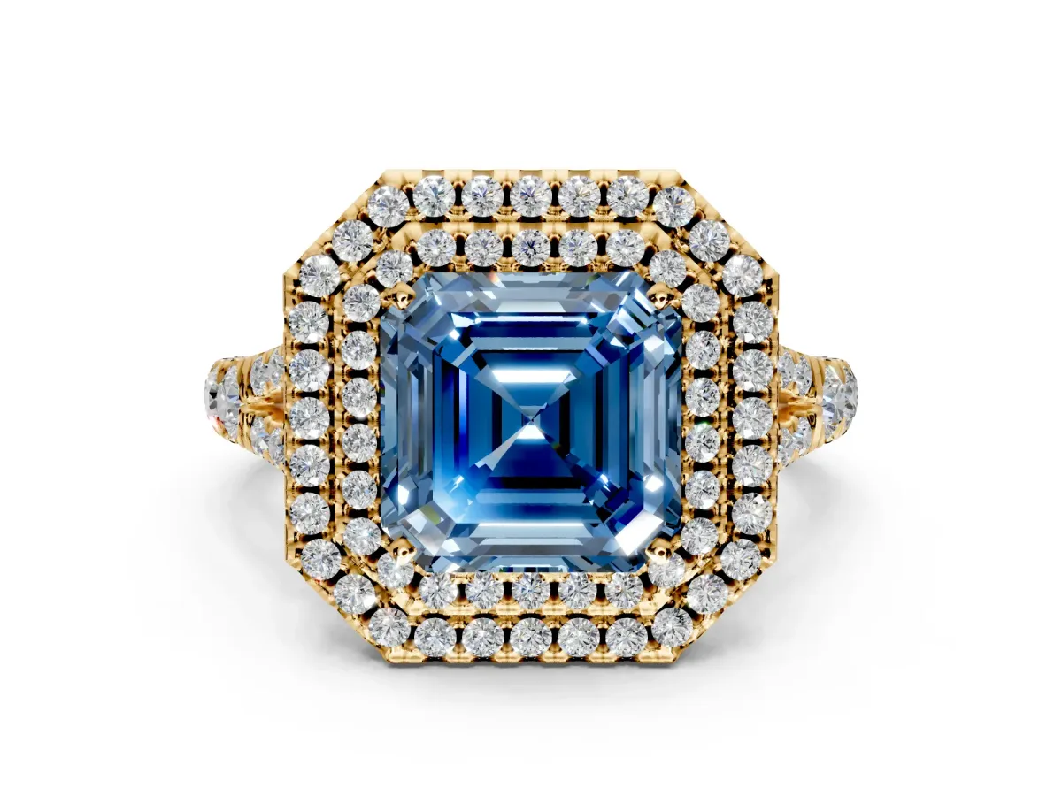 Double Halo Engagement Ring Setting for Fancy Blue Asscher Cut Center with Narrow Pave Split Shank and Prong Head in Yellow Gold