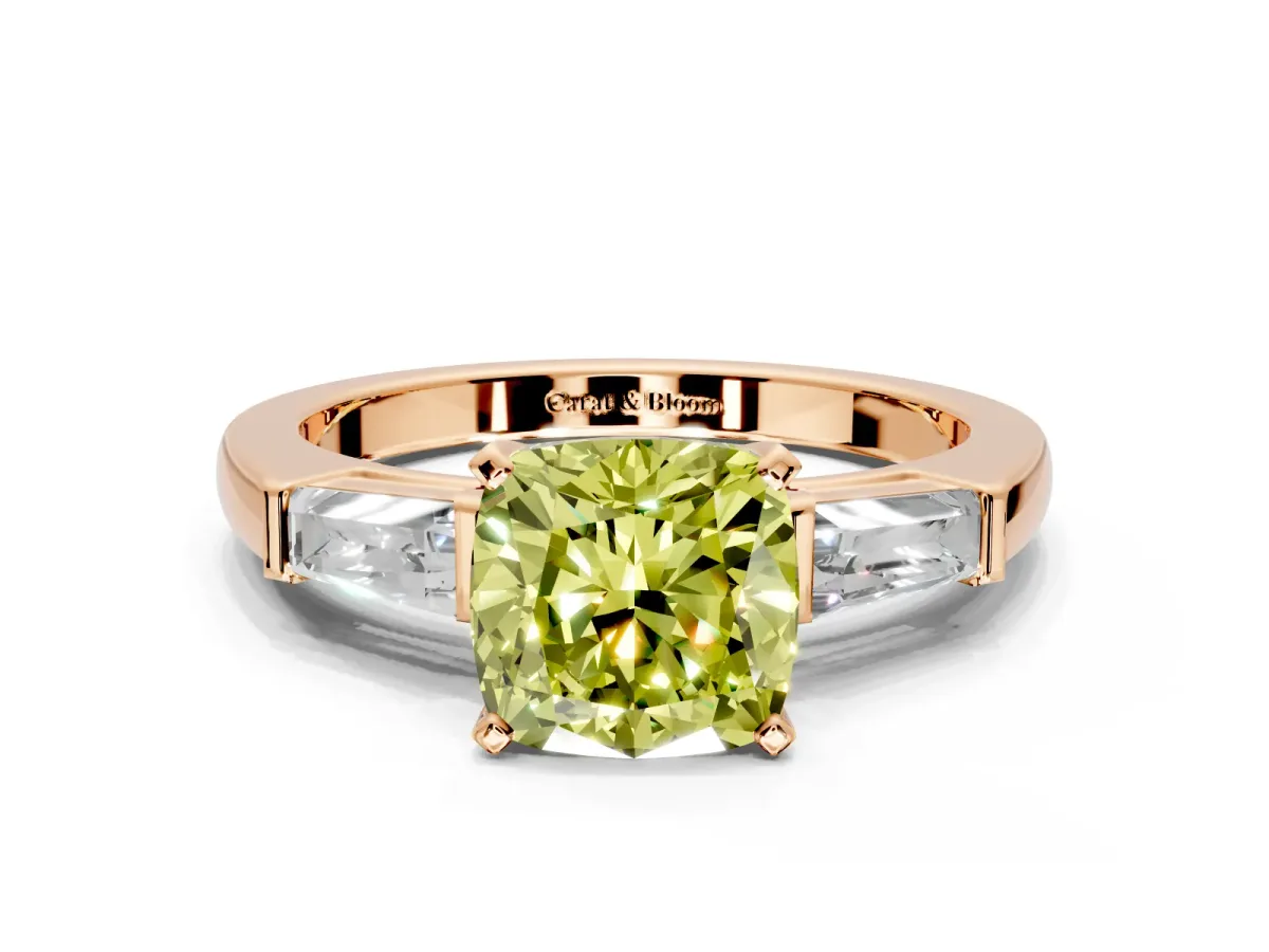 3 Stone Engagement Ring Setting for Fancy Yellow Cushion Cut Center with Tapered Baguettes, Plain Band and Prong Head in Rose Gold