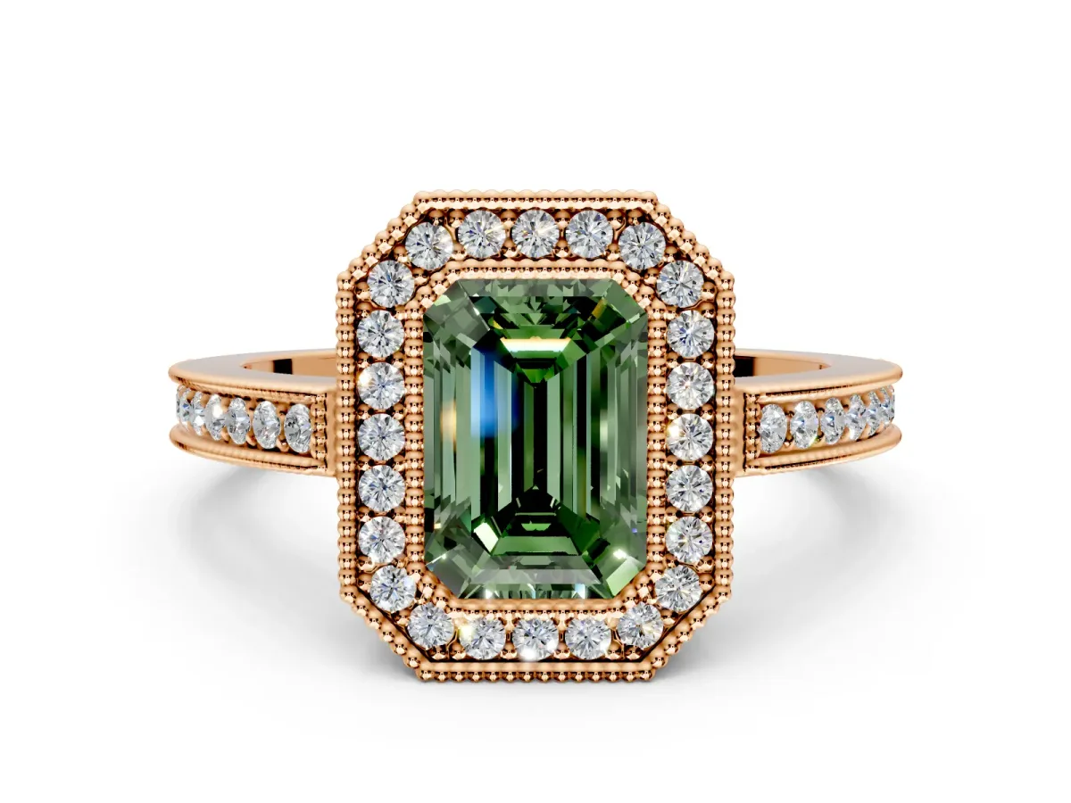 Halo Engagement Ring Setting for Fancy Green Emerald Cut Center with Milgrain Halo, Pave Band and Prong Head in Rose Gold