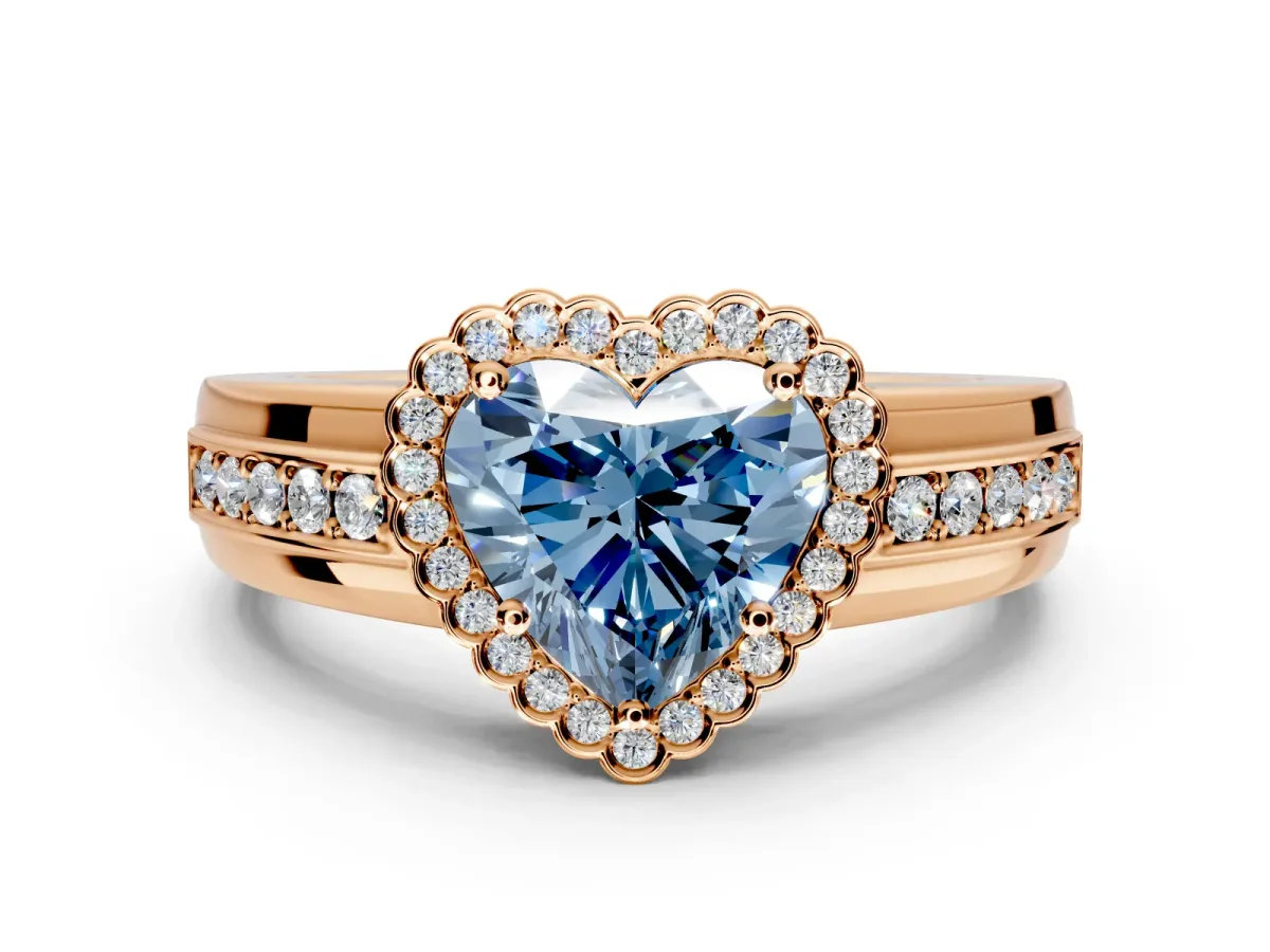 Halo Engagement Ring Setting for Fancy Blue Heart-Shaped Center with Wide Band, Inlaid Accent Row and Prong Head in Rose Gold