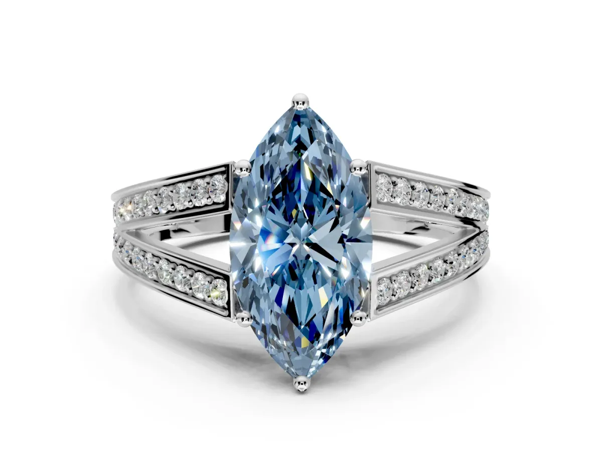 Split Shank Engagement Ring Setting for Fancy Blue Marquise Center with Pave Split Shank and Prong Head in Sterling Silver